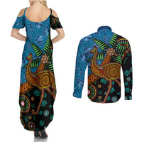 Fiji and Australia Couples Matching Summer Maxi Dress and Long Sleeve Button Shirt Palm Tree and Abogirinal Emu LT03 - Polynesian Pride