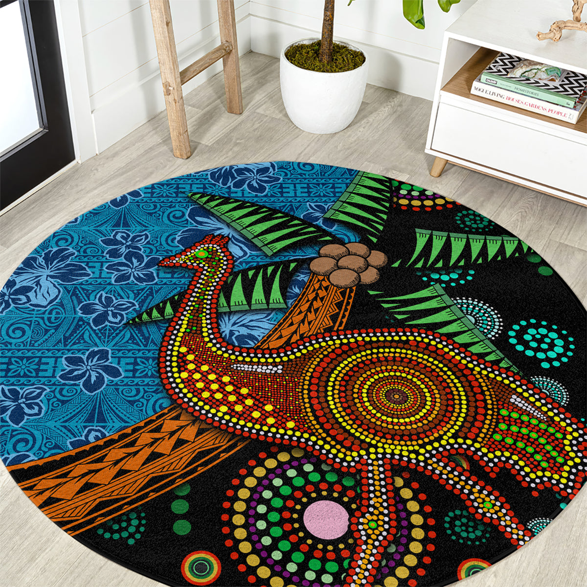 Fiji and Australia Round Carpet Palm Tree and Abogirinal Emu