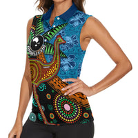 Fiji and Australia Women Sleeveless Polo Shirt Palm Tree and Abogirinal Emu