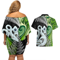New Zealand Koru Natural Couples Matching Off Shoulder Short Dress and Hawaiian Shirt Manaia and Silver Fern Maori Pattern