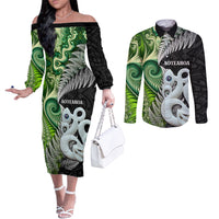 New Zealand Koru Natural Couples Matching Off The Shoulder Long Sleeve Dress and Long Sleeve Button Shirt Manaia and Silver Fern Maori Pattern
