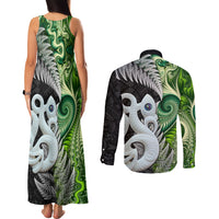 New Zealand Koru Natural Couples Matching Tank Maxi Dress and Long Sleeve Button Shirt Manaia and Silver Fern Maori Pattern