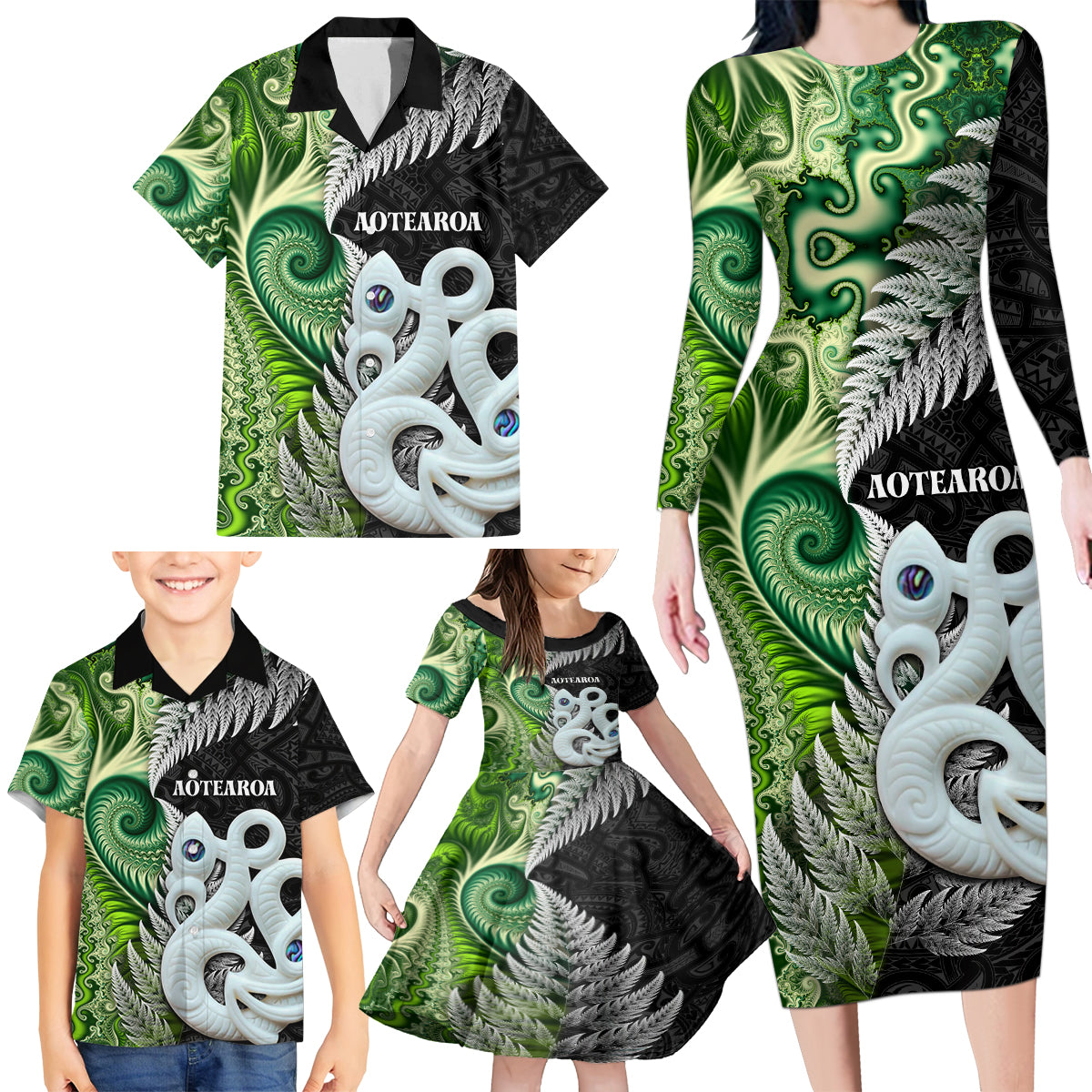 New Zealand Koru Natural Family Matching Long Sleeve Bodycon Dress and Hawaiian Shirt Manaia and Silver Fern Maori Pattern