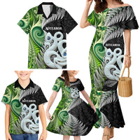New Zealand Koru Natural Family Matching Mermaid Dress and Hawaiian Shirt Manaia and Silver Fern Maori Pattern