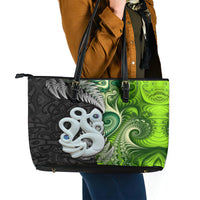 New Zealand Koru Natural Leather Tote Bag Manaia and Silver Fern Maori Pattern