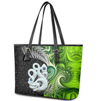 New Zealand Koru Natural Leather Tote Bag Manaia and Silver Fern Maori Pattern