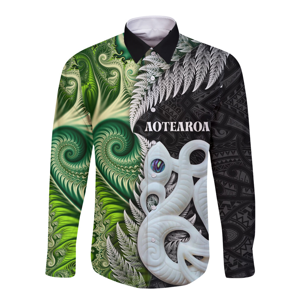 New Zealand Koru Natural Long Sleeve Button Shirt Manaia and Silver Fern Maori Pattern