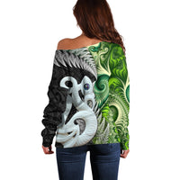 New Zealand Koru Natural Off Shoulder Sweater Manaia and Silver Fern Maori Pattern