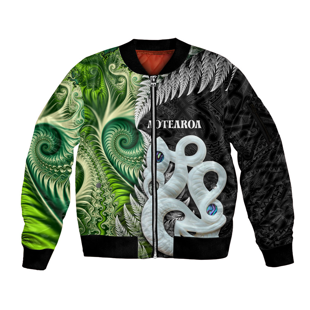 New Zealand Koru Natural Sleeve Zip Bomber Jacket Manaia and Silver Fern Maori Pattern