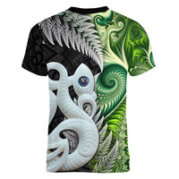 New Zealand Koru Natural Women V-Neck T-Shirt Manaia and Silver Fern Maori Pattern