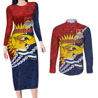 Kiribati Independence Day Couples Matching Long Sleeve Bodycon Dress and Long Sleeve Button Shirt Polynesian and Melanesian Art Tattoo