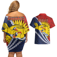 Kiribati Independence Day Couples Matching Off Shoulder Short Dress and Hawaiian Shirt Polynesian and Melanesian Art Tattoo