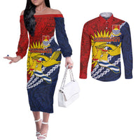 Kiribati Independence Day Couples Matching Off The Shoulder Long Sleeve Dress and Long Sleeve Button Shirt Polynesian and Melanesian Art Tattoo