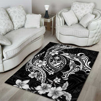Guam Dolphins Tribal Tattoo Area Rug Polynesian Art and Tropical Flower Grayscale