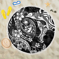 Guam Dolphins Tribal Tattoo Beach Blanket Polynesian Art and Tropical Flower Grayscale