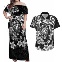 Guam Dolphins Tribal Tattoo Couples Matching Off Shoulder Maxi Dress and Hawaiian Shirt Polynesian Art and Tropical Flower Grayscale