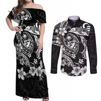 Guam Dolphins Tribal Tattoo Couples Matching Off Shoulder Maxi Dress and Long Sleeve Button Shirt Polynesian Art and Tropical Flower Grayscale