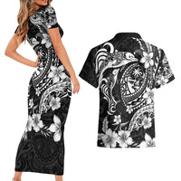 Guam Dolphins Tribal Tattoo Couples Matching Short Sleeve Bodycon Dress and Hawaiian Shirt Polynesian Art and Tropical Flower Grayscale