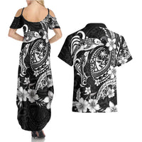 Guam Dolphins Tribal Tattoo Couples Matching Summer Maxi Dress and Hawaiian Shirt Polynesian Art and Tropical Flower Grayscale