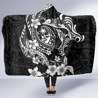 Guam Dolphins Tribal Tattoo Hooded Blanket Polynesian Art and Tropical Flower Grayscale