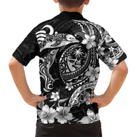 Guam Dolphins Tribal Tattoo Kid Hawaiian Shirt Polynesian Art and Tropical Flower Grayscale