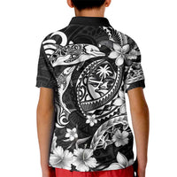 Guam Dolphins Tribal Tattoo Kid Polo Shirt Polynesian Art and Tropical Flower Grayscale