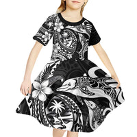 Guam Dolphins Tribal Tattoo Kid Short Sleeve Dress Polynesian Art and Tropical Flower Grayscale