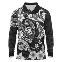Guam Dolphins Tribal Tattoo Long Sleeve Polo Shirt Polynesian Art and Tropical Flower Grayscale
