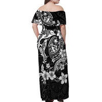 Guam Dolphins Tribal Tattoo Off Shoulder Maxi Dress Polynesian Art and Tropical Flower Grayscale