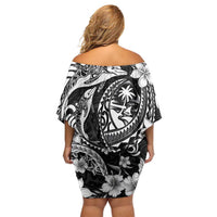 Guam Dolphins Tribal Tattoo Off Shoulder Short Dress Polynesian Art and Tropical Flower Grayscale