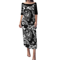 Guam Dolphins Tribal Tattoo Puletasi Polynesian Art and Tropical Flower Grayscale