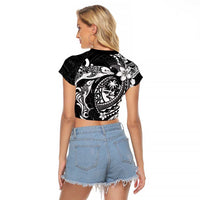 Guam Dolphins Tribal Tattoo Raglan Cropped T Shirt Polynesian Art and Tropical Flower Grayscale