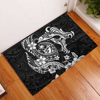Guam Dolphins Tribal Tattoo Rubber Doormat Polynesian Art and Tropical Flower Grayscale