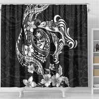 Guam Dolphins Tribal Tattoo Shower Curtain Polynesian Art and Tropical Flower Grayscale