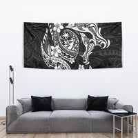 Guam Dolphins Tribal Tattoo Tapestry Polynesian Art and Tropical Flower Grayscale