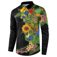 Hawaiian Tropical Plants and Chameleon Button Sweatshirt Polynesian Art Colorful - Polynesian Pride