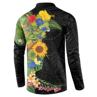 Hawaiian Tropical Plants and Chameleon Button Sweatshirt Polynesian Art Colorful - Polynesian Pride