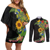 Hawaiian Tropical Plants and Chameleon Couples Matching Off Shoulder Short Dress and Long Sleeve Button Shirt Polynesian Art Colorful - Polynesian Pride