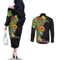 Hawaiian Tropical Plants and Chameleon Couples Matching Off The Shoulder Long Sleeve Dress and Long Sleeve Button Shirt Polynesian Art Colorful - Polynesian Pride