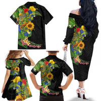 Hawaiian Tropical Plants and Chameleon Family Matching Off The Shoulder Long Sleeve Dress and Hawaiian Shirt Polynesian Art Colorful - Polynesian Pride