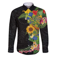 Hawaiian Tropical Plants and Chameleon Family Matching Off The Shoulder Long Sleeve Dress and Hawaiian Shirt Polynesian Art Colorful - Polynesian Pride