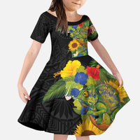 Hawaiian Tropical Plants and Chameleon Kid Short Sleeve Dress Polynesian Art Colorful - Polynesian Pride