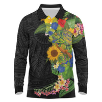 Hawaiian Tropical Plants and Chameleon Long Sleeve Polo Shirt Polynesian Art Colorful LT03 Black - Polynesian Pride