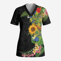 Hawaiian Tropical Plants and Chameleon Scrub Top Polynesian Art Colorful - Polynesian Pride