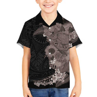 Hawaiian Tropical Plants and Chameleon Family Matching Long Sleeve Bodycon Dress and Hawaiian Shirt Polynesian Art Grayscale LT03 Son's Shirt Black - Polynesian Pride
