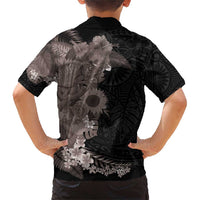 Hawaiian Tropical Plants and Chameleon Family Matching Short Sleeve Bodycon Dress and Hawaiian Shirt Polynesian Art Grayscale - Polynesian Pride