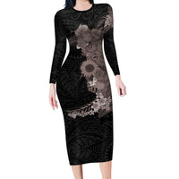 Hawaiian Tropical Plants and Chameleon Long Sleeve Bodycon Dress Polynesian Art Grayscale - Polynesian Pride