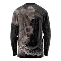 Hawaiian Tropical Plants and Chameleon Long Sleeve Shirt Polynesian Art Grayscale - Polynesian Pride