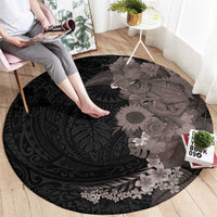 Hawaiian Tropical Plants and Chameleon Round Carpet Polynesian Art Grayscale - Polynesian Pride