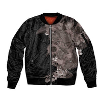Hawaiian Tropical Plants and Chameleon Sleeve Zip Bomber Jacket Polynesian Art Grayscale LT03 Unisex Black - Polynesian Pride
